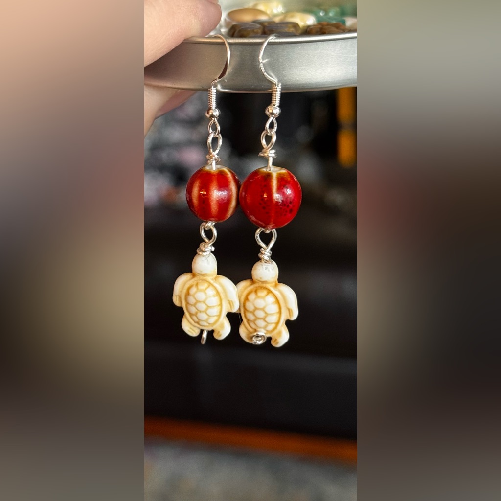 Red And Cream Turtle Earrings